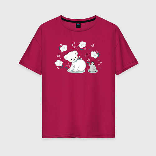Женская футболка оверсайз Медвежонок и пингвин / Маджента – фото 1