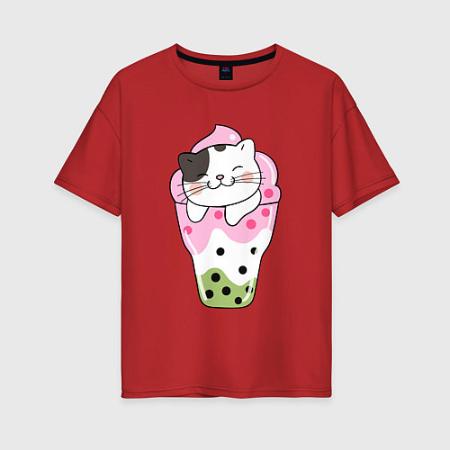 Женская футболка оверсайз Довольный котик в мороженом / Красный – фото 1