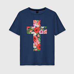 Женская футболка оверсайз Крест из красных цветов