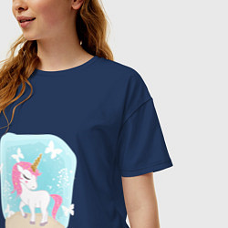 Футболка оверсайз женская Милый мультяшный единорог с розовым хвостом и грив, цвет: тёмно-синий — фото 2
