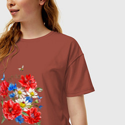 Футболка оверсайз женская Летний букет мак василек ромашка цветы лето, цвет: кирпичный — фото 2