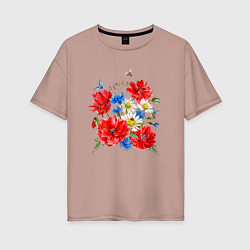 Женская футболка оверсайз Летний букет мак василек ромашка цветы лето