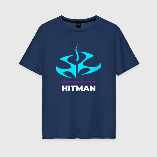 Женская футболка оверсайз Символ Hitman в неоновых цветах / Тёмно-синий – фото 1