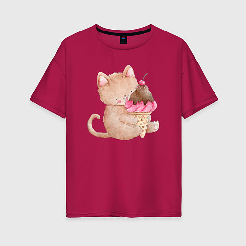 Женская футболка оверсайз Маленькая кошечка с мороженым / Маджента – фото 1