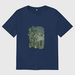 Футболка оверсайз женская Нежные листья на акварельном фоне, цвет: тёмно-синий