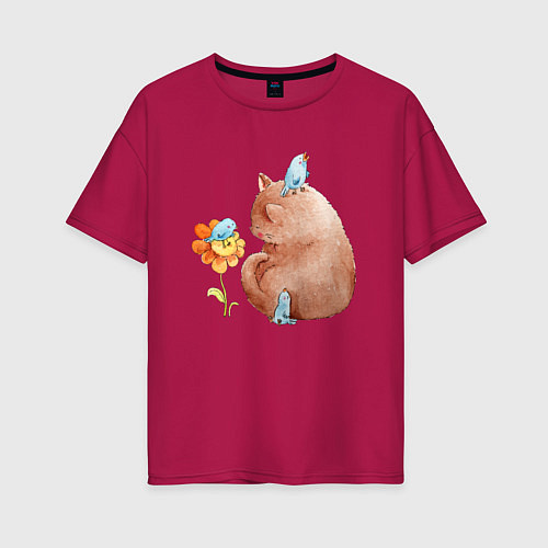 Женская футболка оверсайз Кошка с птичкой / Маджента – фото 1