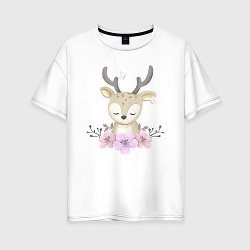 Женская футболка оверсайз Милый Оленёнок С Цветочками / Белый – фото 1