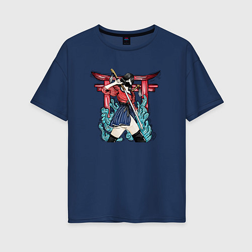 Женская футболка оверсайз Девушка - самурай / Тёмно-синий – фото 1