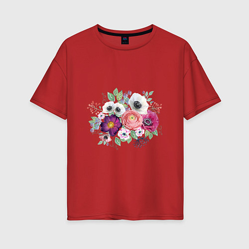 Женская футболка оверсайз Букет из белых и розовых анемонов / Красный – фото 1