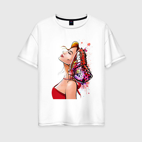 Женская футболка оверсайз Девушка в красном и бабочка / Белый – фото 1
