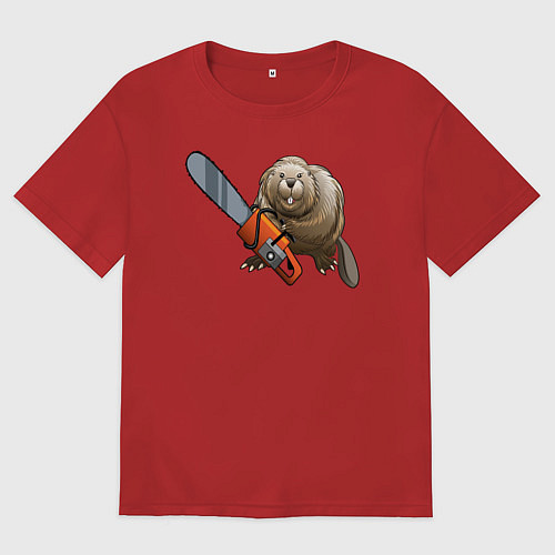 Женская футболка оверсайз Бобер с бензопилой / Красный – фото 1