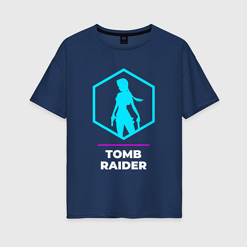 Женская футболка оверсайз Символ Tomb Raider в неоновых цветах / Тёмно-синий – фото 1