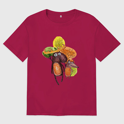 Женская футболка оверсайз Лось и волк: осень / Маджента – фото 1