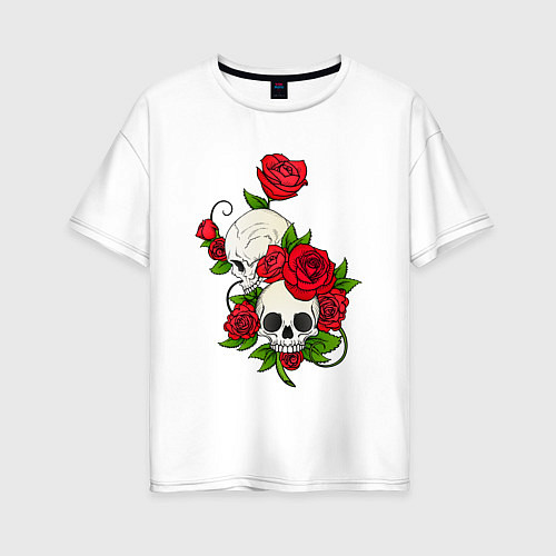 Женская футболка оверсайз Розы окутывают два черепа / Белый – фото 1