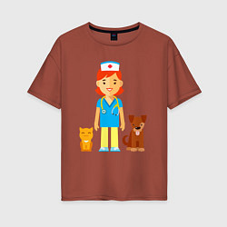 Женская футболка оверсайз Ветеринар заботится о животных - пёсик и котик