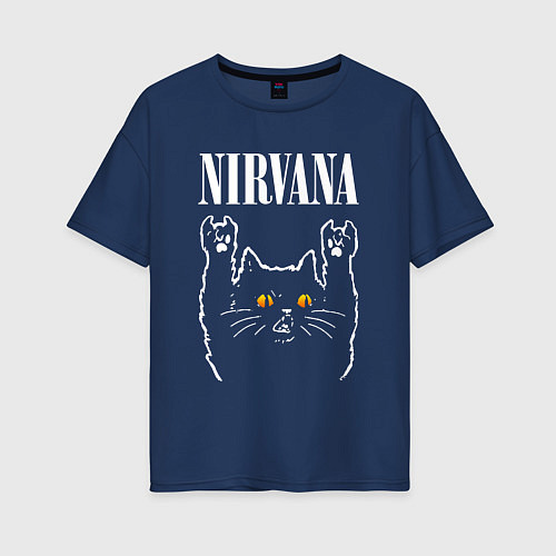 Женская футболка оверсайз Nirvana rock cat / Тёмно-синий – фото 1