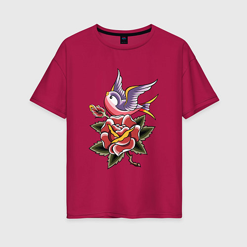 Женская футболка оверсайз Птица с розой / Маджента – фото 1