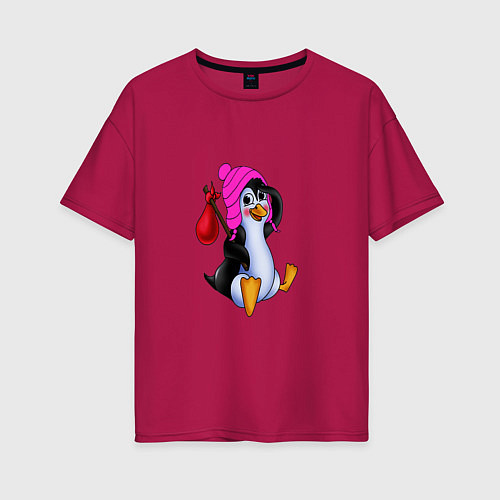 Женская футболка оверсайз Пингвин в розовой шапочке / Маджента – фото 1