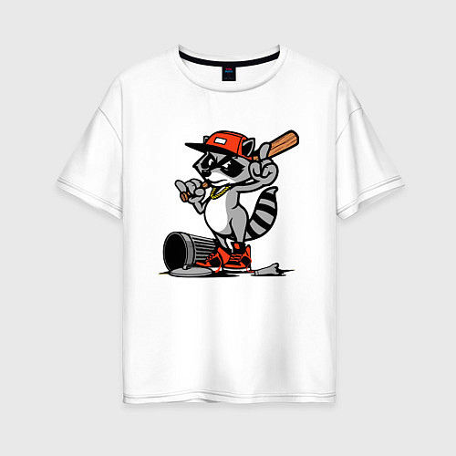 Женская футболка оверсайз Крутой енот с бейсбольной битой / Белый – фото 1