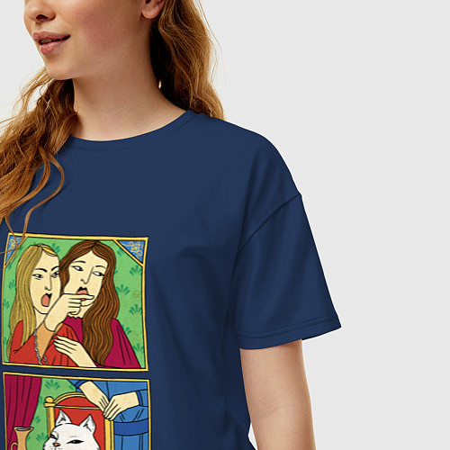 Женская футболка оверсайз Женщина кричит на кота - Мем в средневековом стиле / Тёмно-синий – фото 3