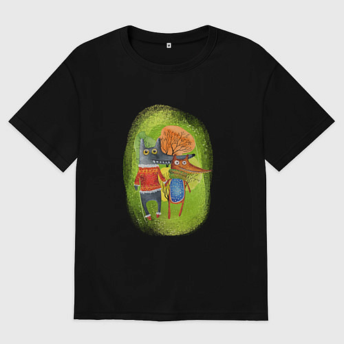 Женская футболка оверсайз Волк и лиса в осеннем лесу / Черный – фото 1