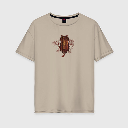Женская футболка оверсайз Сова сидящая на ветке и осенний лес / Миндальный – фото 1
