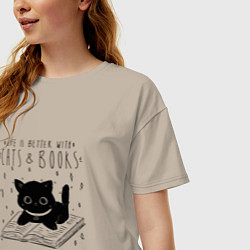 Футболка оверсайз женская Life is better with cats and books, цвет: миндальный — фото 2