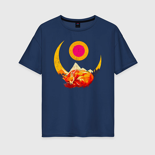 Женская футболка оверсайз Спящий под луной лис / Тёмно-синий – фото 1