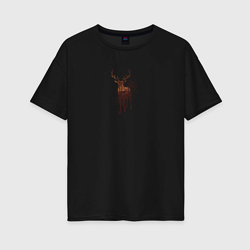 Женская футболка оверсайз Осенний лес в силуэте идущего оленя / Черный – фото 1