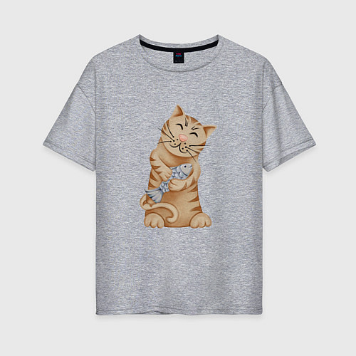 Женская футболка оверсайз Кот с рыбой в лапках / Меланж – фото 1