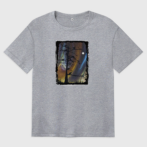 Женская футболка оверсайз Кошки на дереве и северное сияние / Меланж – фото 1