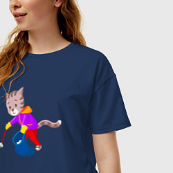 Футболка оверсайз женская Котик убирается, цвет: тёмно-синий — фото 2