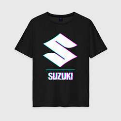 Футболка оверсайз женская Значок Suzuki в стиле glitch, цвет: черный