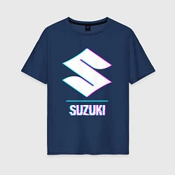 Футболка оверсайз женская Значок Suzuki в стиле glitch, цвет: тёмно-синий