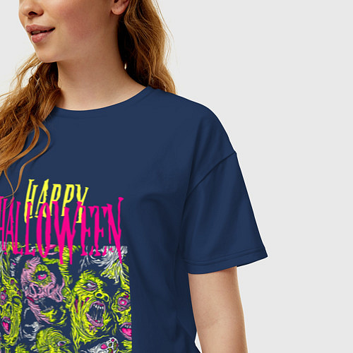 Женская футболка оверсайз Happy Halloween - crazy faces / Тёмно-синий – фото 3