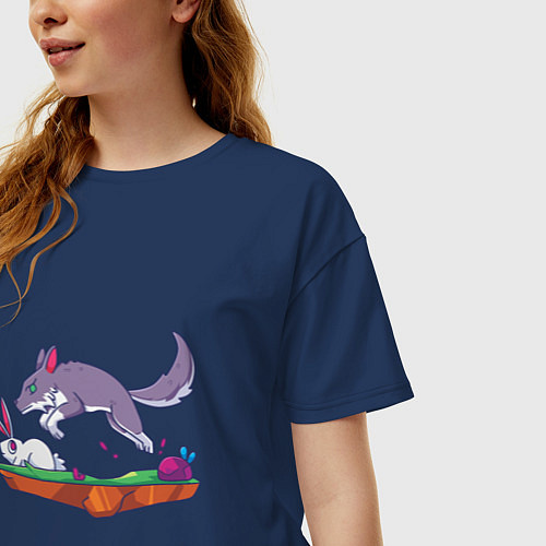 Женская футболка оверсайз Кролик и волк / Тёмно-синий – фото 3