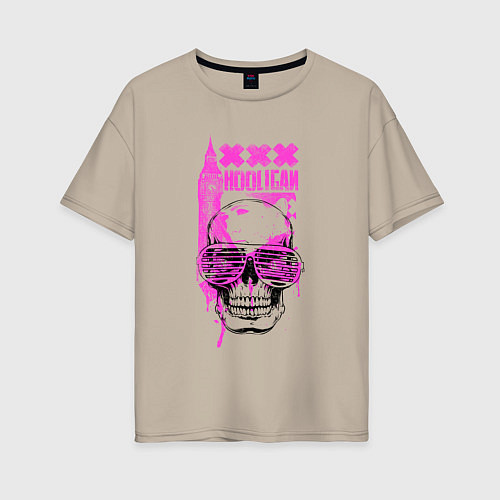 Женская футболка оверсайз Череп с розовых очках - Hooligan / Миндальный – фото 1
