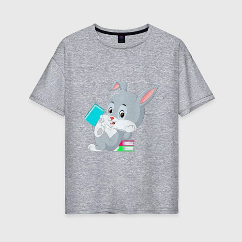 Женская футболка оверсайз Кролик с книгами / Меланж – фото 1