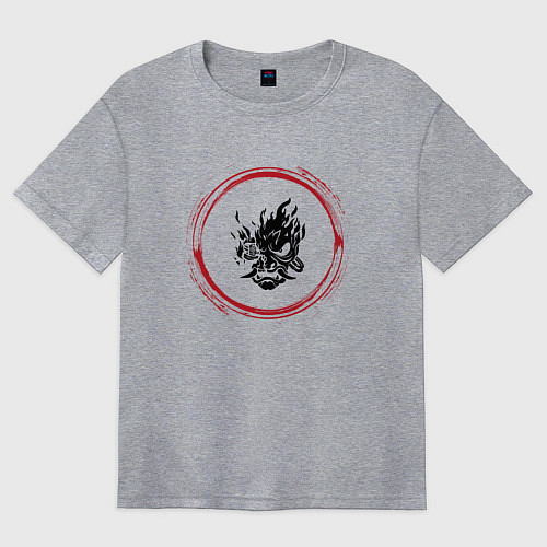 Женская футболка оверсайз Символ Cyberpunk 2077 и красная краска вокруг / Меланж – фото 1