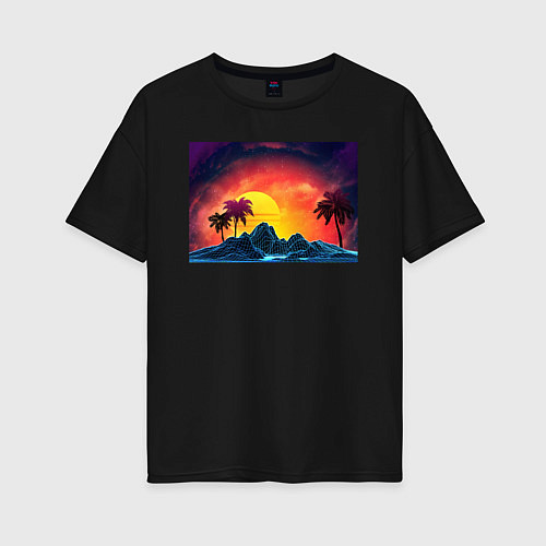 Женская футболка оверсайз Пляж и пальмы абстрактный ретро дизайн / Черный – фото 1