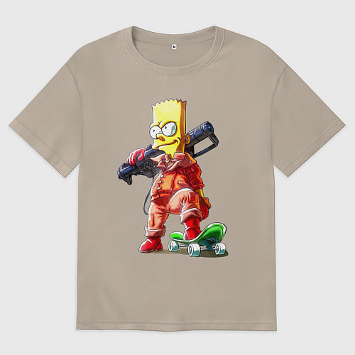 Женская футболка оверсайз Крутой Барт Симпсон с оружием на плече и скейтборд / Миндальный – фото 1