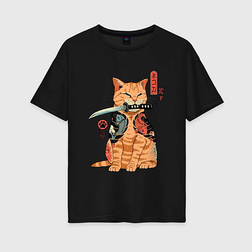 Женская футболка оверсайз Японский Кот Якудза / Черный – фото 1