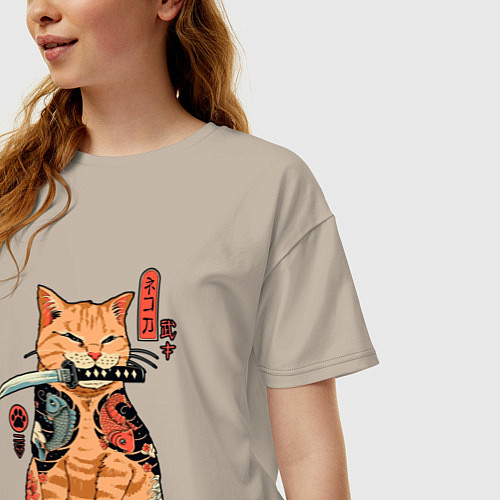Женская футболка оверсайз Японский Кот Якудза / Миндальный – фото 3