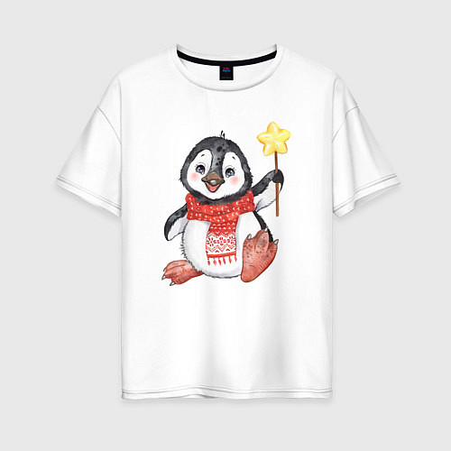 Женская футболка оверсайз Новогодний праздничный пингвин / Белый – фото 1