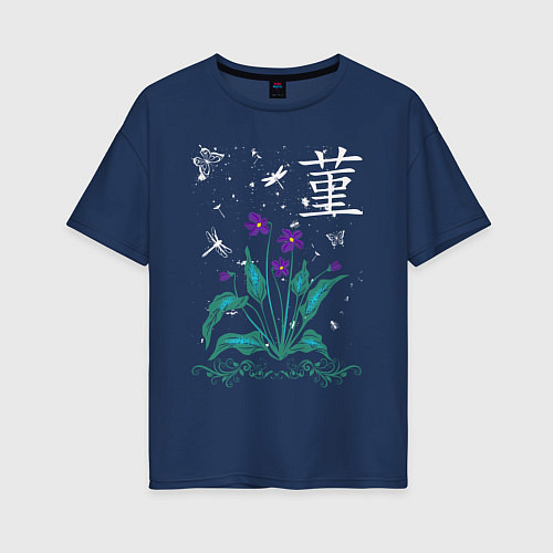 Женская футболка оверсайз Фиалка среди бабочек и падающего снега / Тёмно-синий – фото 1