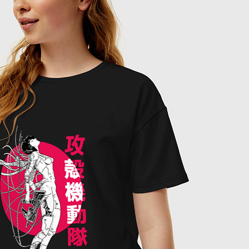 Женская футболка оверсайз Девушка киборг - киберпанк / Черный – фото 3