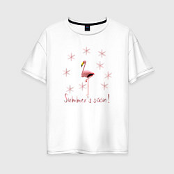 Женская футболка оверсайз Розовый фламинго и розовые снежинки: скоро лето