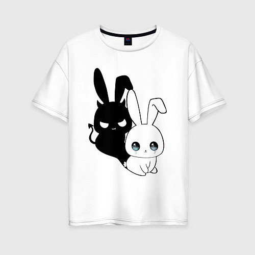 Женская футболка оверсайз Милый кролик - ангелочек или дьяволёнок? / Белый – фото 1