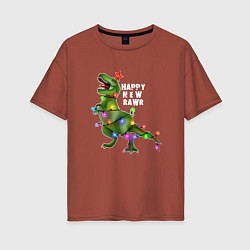 Женская футболка оверсайз Новогодний динозавр елочка гори
