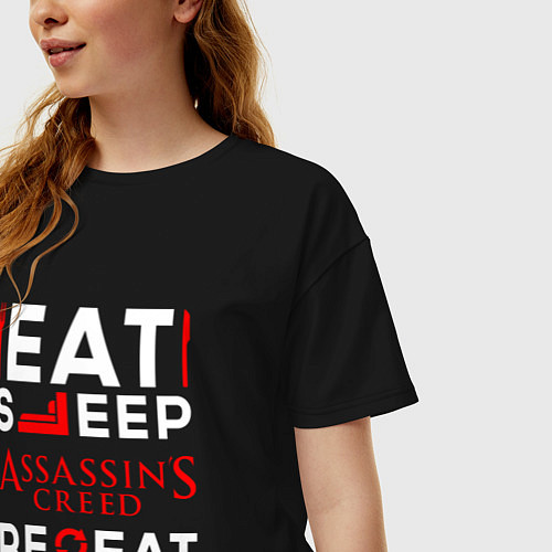 Женская футболка оверсайз Надпись eat sleep Assassins Creed repeat / Черный – фото 3